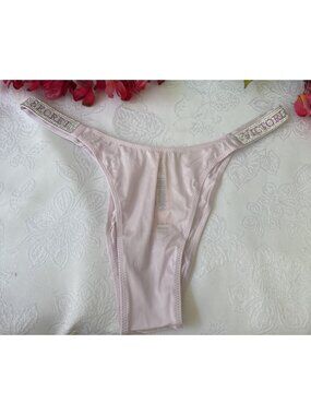 VICTORIA'S SECRET M SILKY PINK SILVER RHINESTONE STRAPS BRAZILIAN PANTIES NWT
